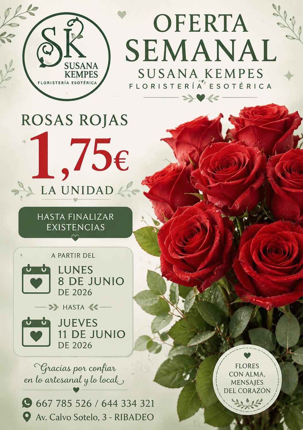 Oferta semanal de rosas rojas por 1,75 € con entrega a domicilio, fondo blanco y flores rojas.