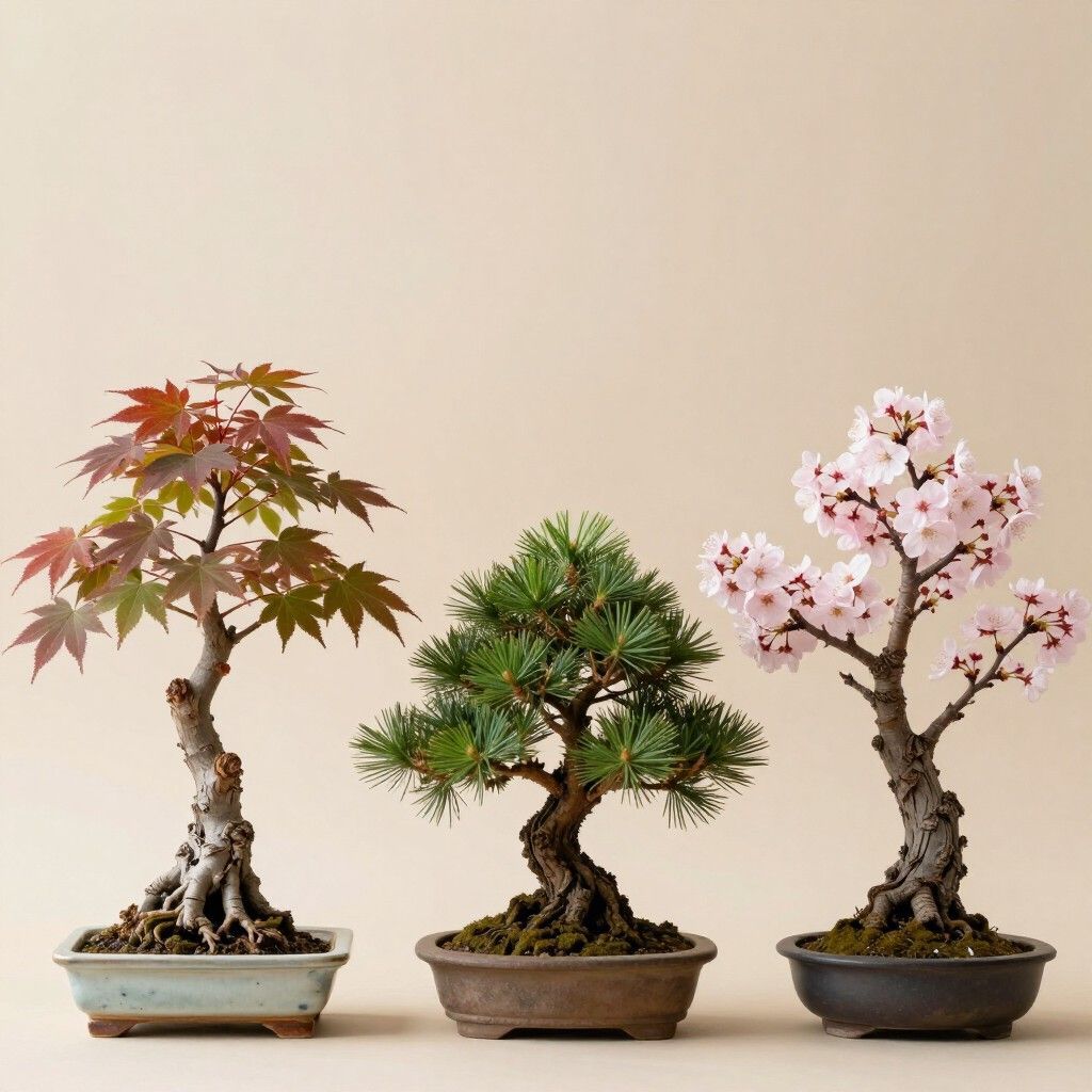 Tres bonsáis en macetas: un arce de hojas rojas, un pino verde y un árbol de flores rosas.