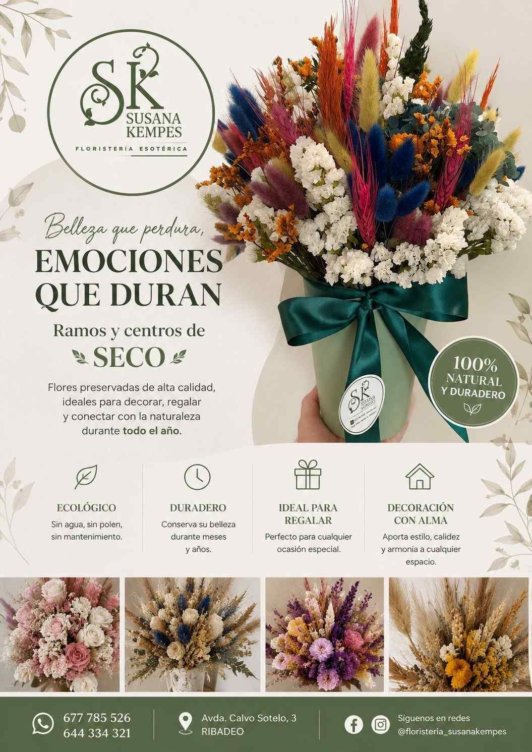 Anuncio de arreglo floral con flores coloridas, lazo turquesa, texto en español y una etiqueta de precio verde sobre un fondo crema.