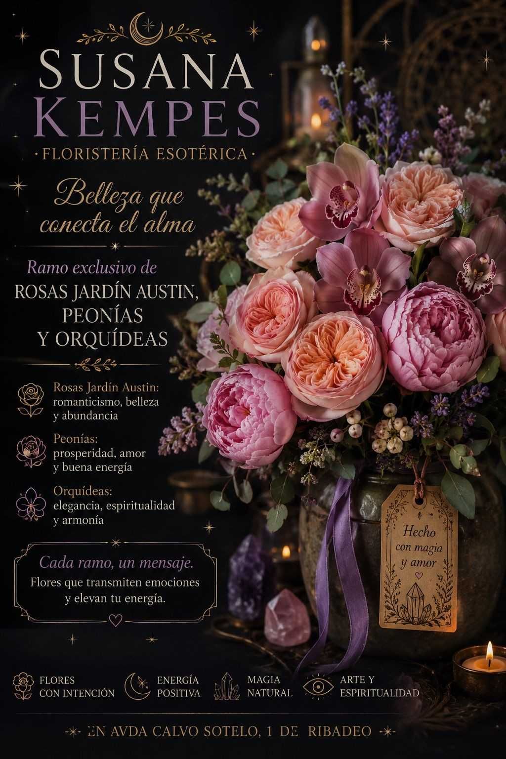Póster floral de Susana Kempes con rosas rosas, cintas moradas y letras doradas decorativas sobre un fondo oscuro.