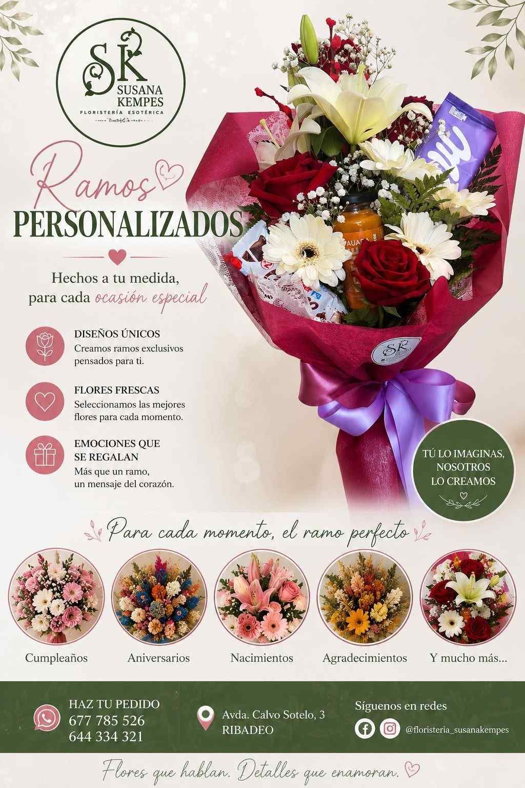 Anuncio de ramo personalizado con flores rojas, blancas y moradas envueltas en rosa, además de opciones de producto e información de contacto.