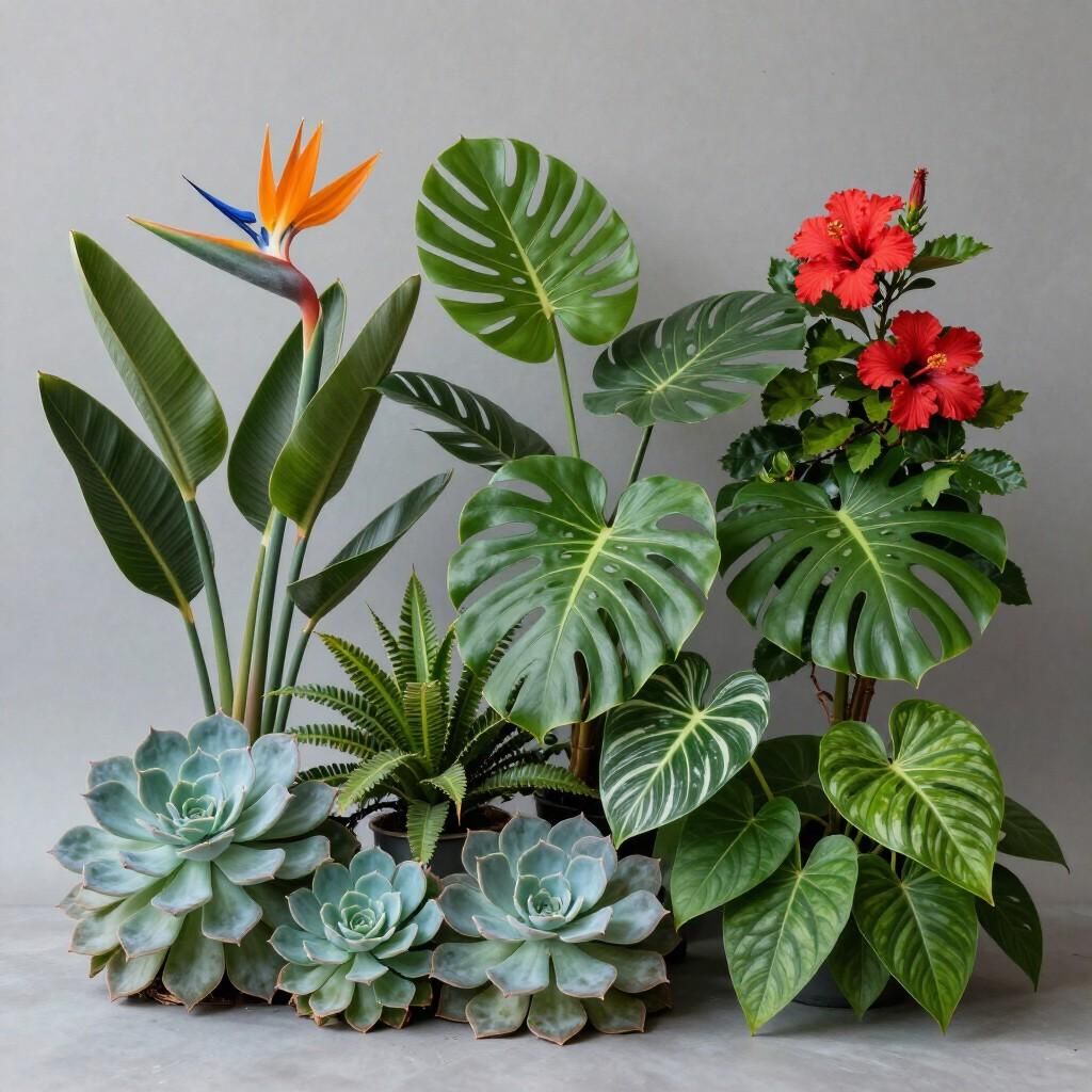 Varias plantas tropicales y suculentas en macetas dispuestas sobre un fondo gris.
