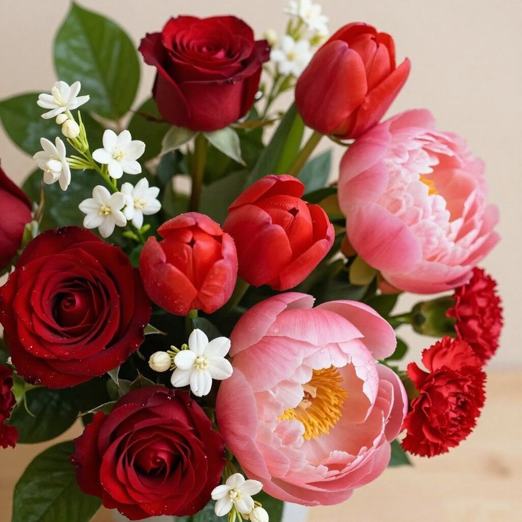 Flores rojas, rosas y blancas dispuestas en un ramo sobre un fondo claro.