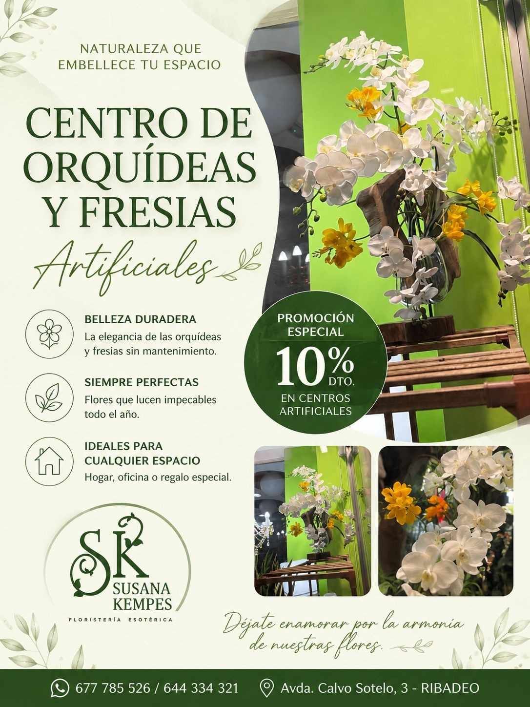 Centro de orquídeas y fresias artificiales con flores blancas y verdes, descuento 10% y logo Susana Acuña Flores.