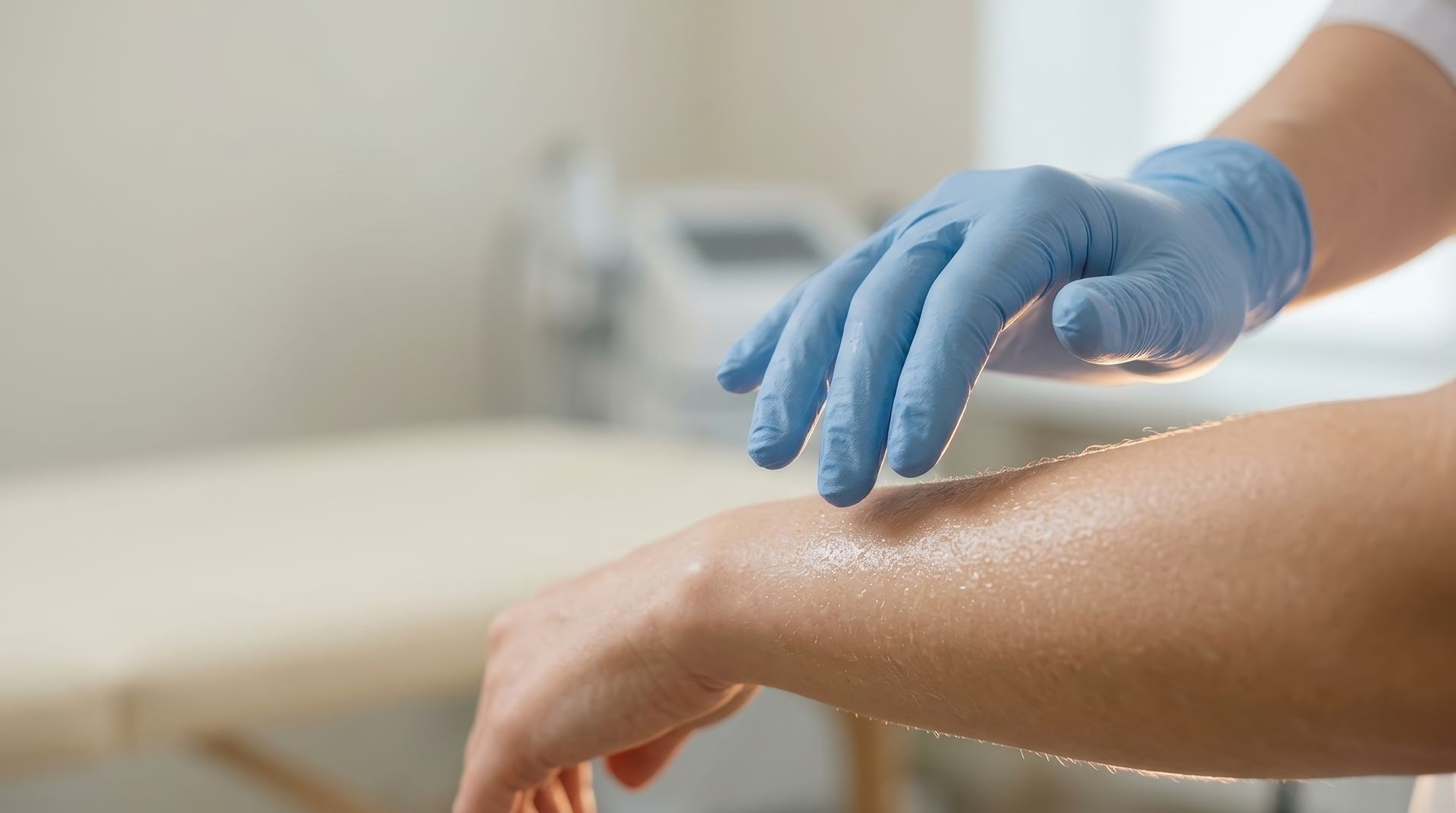 Des mains gantées appliquent de la crème sur l'avant-bras d'un patient dans un environnement clinique.