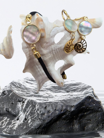 Boucles d'oreilles en coquillage nacré sur un support blanc en forme de corail, posé sur un rocher.