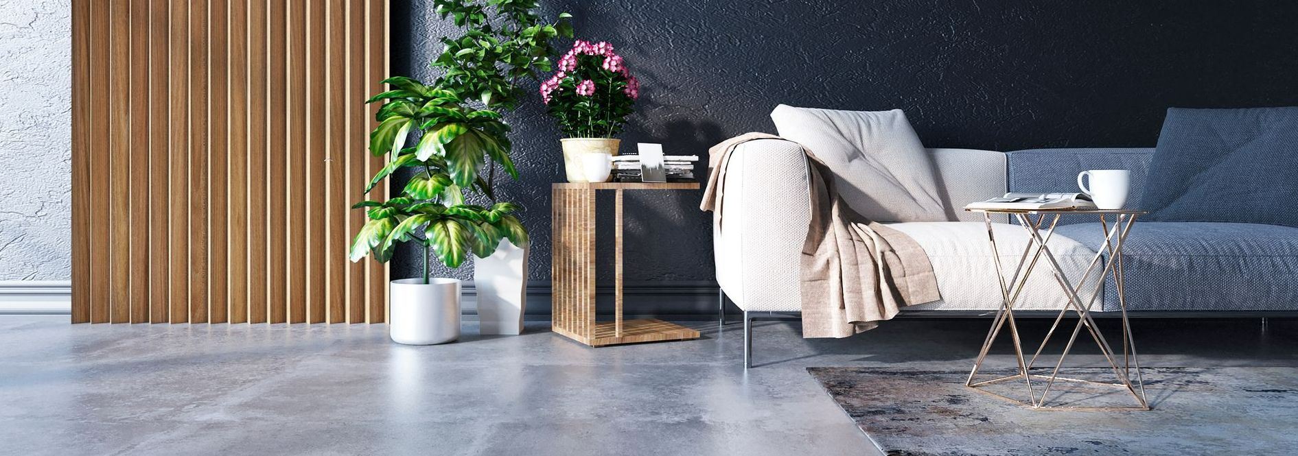 Intérieur d'un salon avec sol en béton.