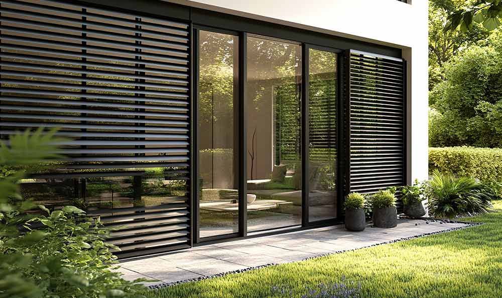 Große Glastüren mit schwarzen Lamellenläden an einem weißen Haus mit Blick auf einen Hof.