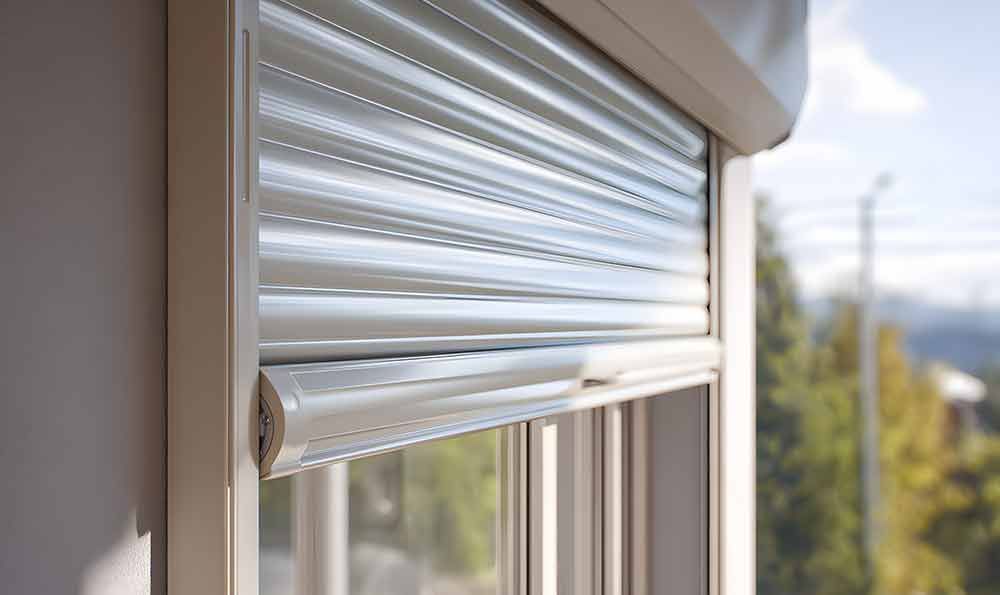 Geschlossener silberner Sicherheitsrollladen an einem Fensterrahmen, teilweise heruntergelassen, mit verschwommener Aussicht nach draußen.