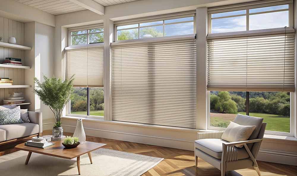 Wohnzimmer mit Fenstern, Jalousien, Sitzgelegenheiten und Regalen. Neutrale Farben, natürliches Licht, Blick ins Grüne.