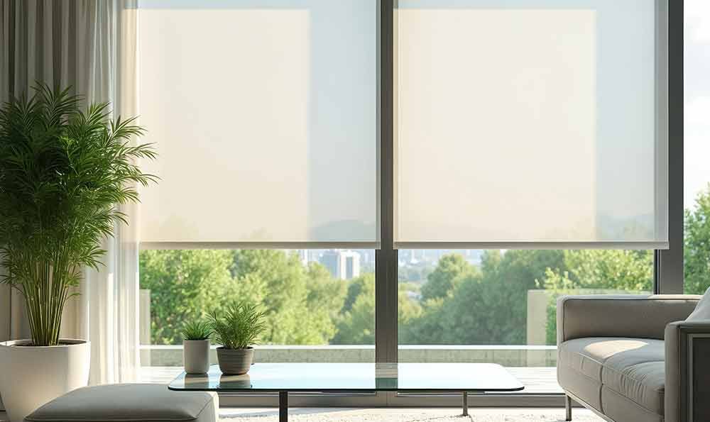 Modernes Wohnzimmer mit transparenten Jalousien und Blick auf Bäume und die Skyline der Stadt.