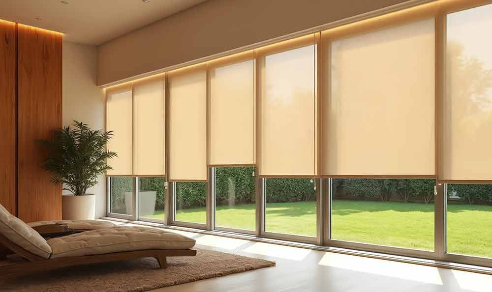 Zimmer mit bodentiefen Fenstern und beigefarbenen Rollos mit Blick auf einen grünen Garten. Ein Stuhl und eine Pflanze befinden sich im Zimmer.