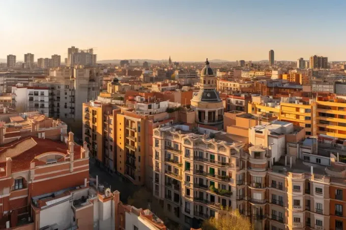 Horizonte de la ciudad al atardecer, con edificios teñidos de naranja y una torre abovedada en el centro.