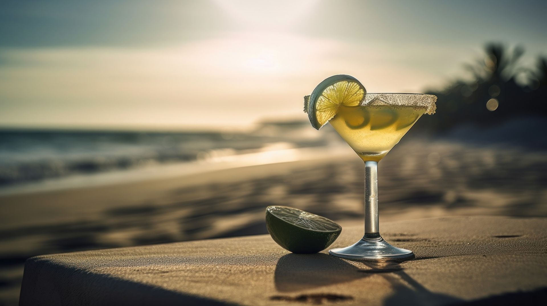Cóctel margarita con rodaja de lima y borde de sal, en una playa, al atardecer.