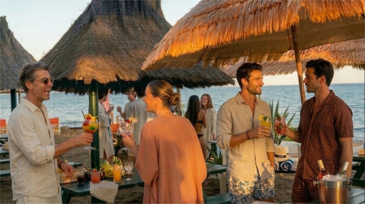 Mesa y sillas junto a la playa bajo estructuras de sombra con techo de paja, con vista al océano bajo un cielo azul claro.