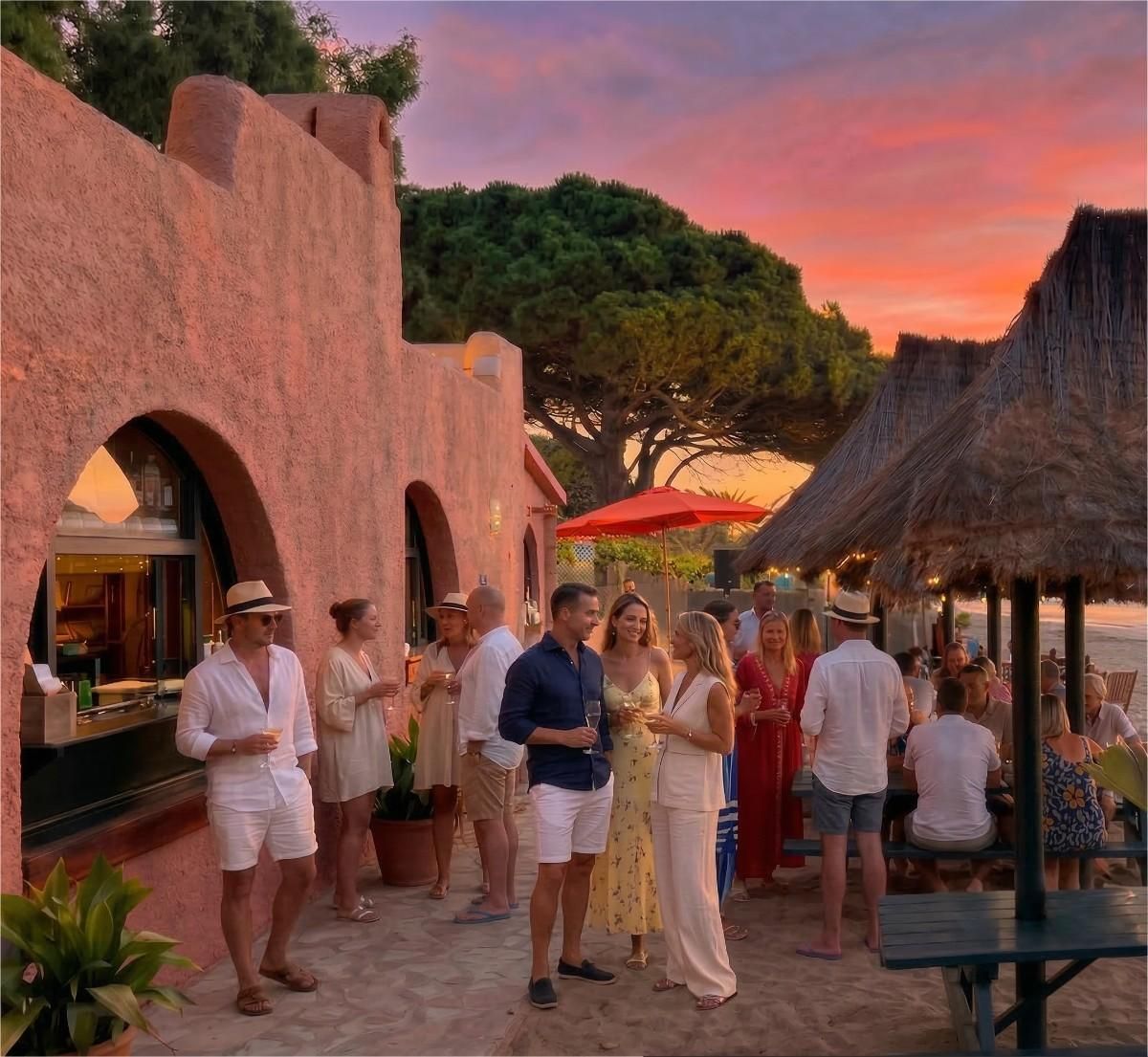 Cafetería junto a la playa: sillas naranjas y sombrillas en la arena, con vistas al mar.