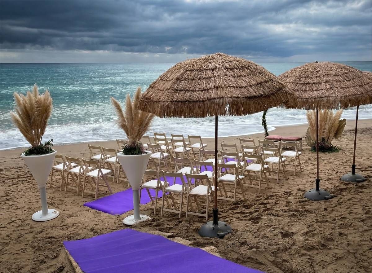 Montaje de catering al aire libre: mesa blanca con comida y bebidas, mesas altas cerca, árboles de fondo.