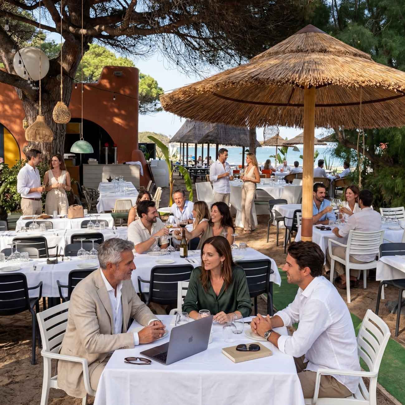 Vista de una playa desde una ventana. Sombrillas de paja enmarcan el océano, dos mesas y plantas en un día soleado.