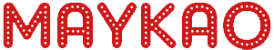 Letras rojas que deletrean MAYKAO con pequeñas luces de puntos blancos.