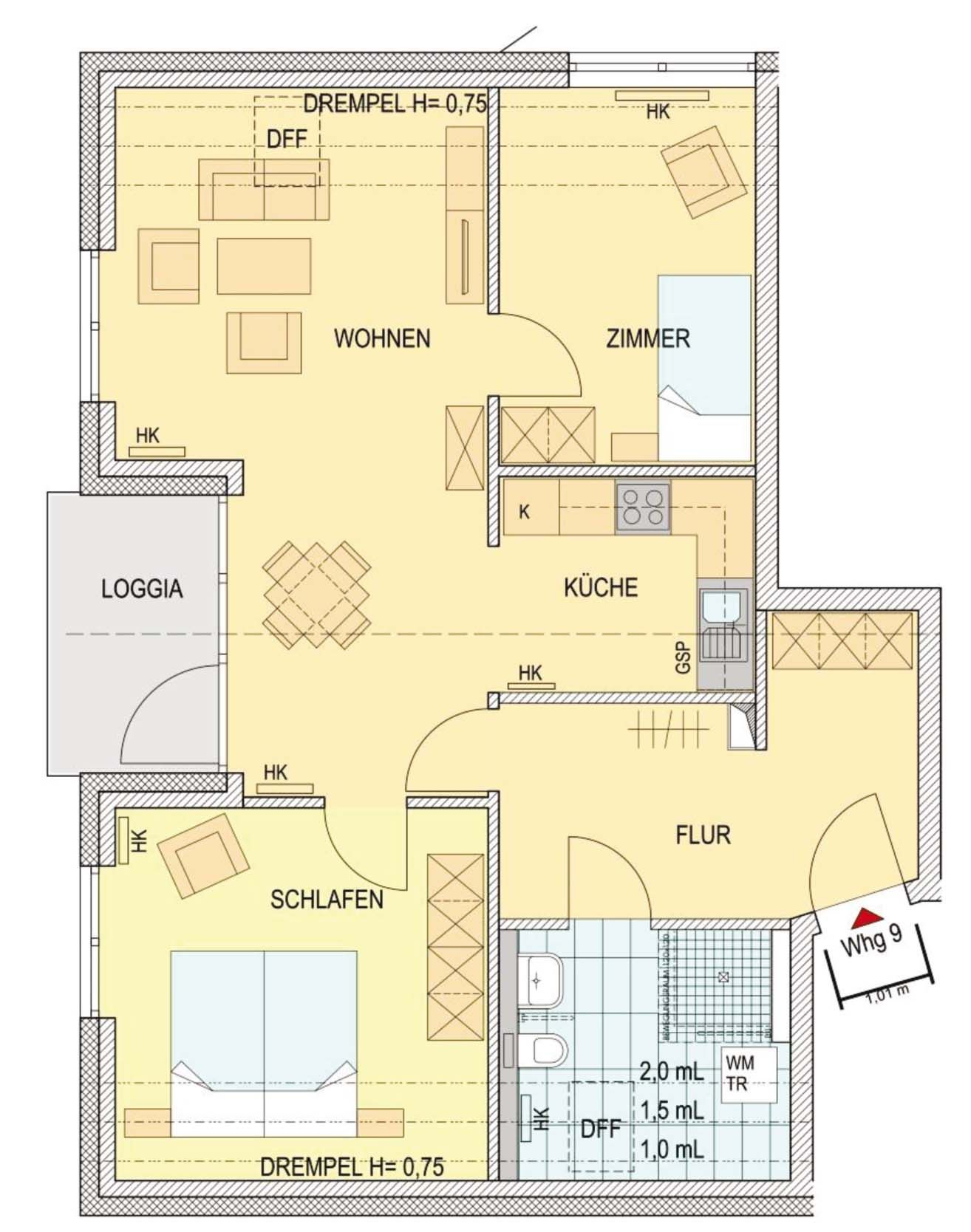 Ein Grundriss eines Hauses mit einem Schlafzimmer und einem Badezimmer