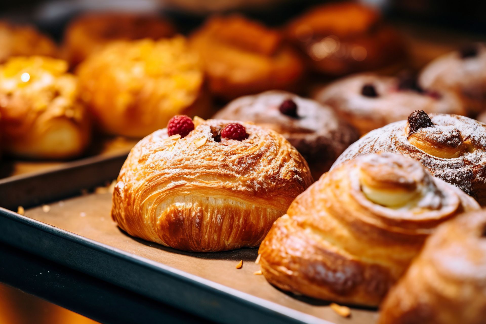 Pasteles frescos con diversos ingredientes en una bandeja en la vitrina de una panadería.