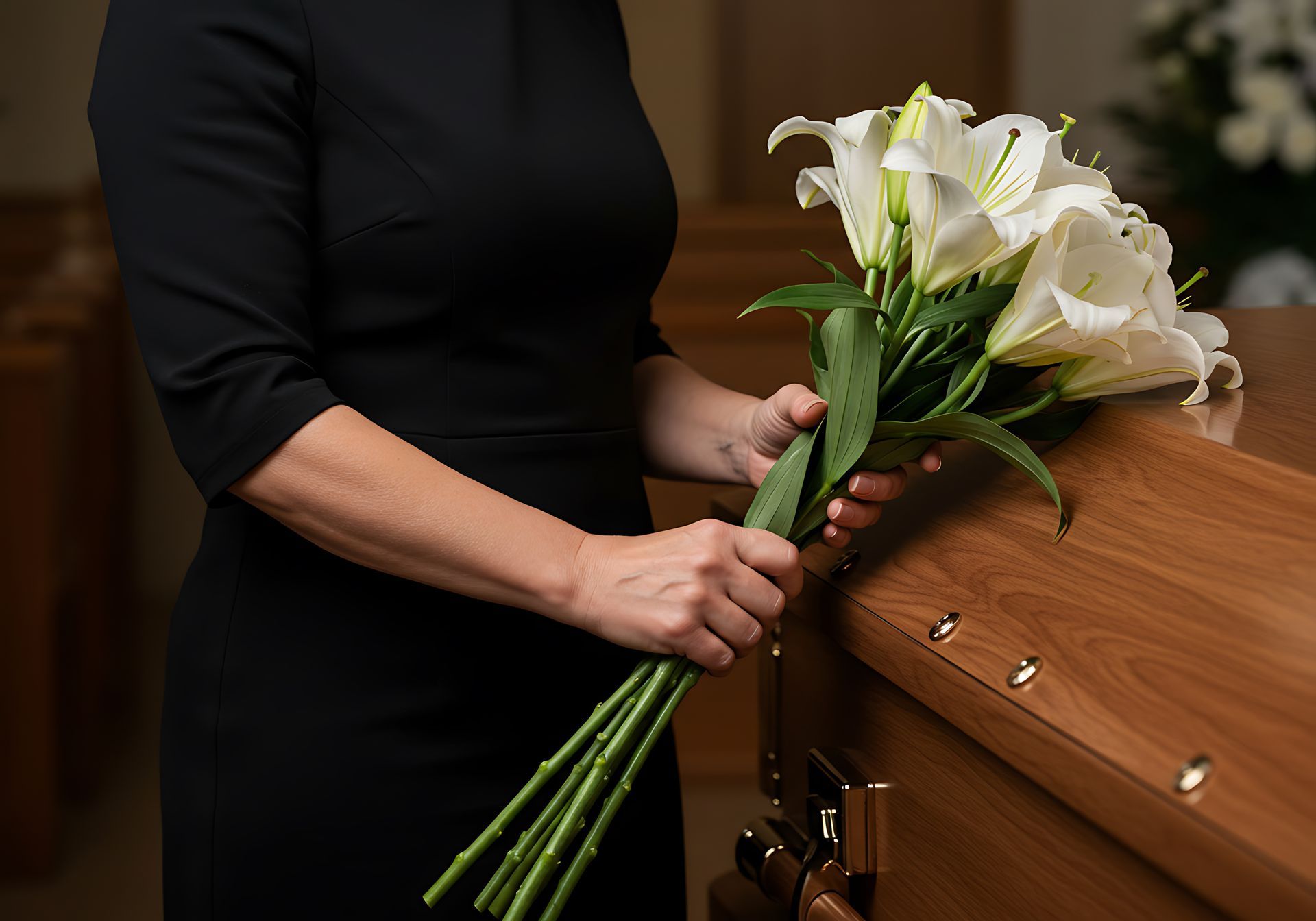 Une personne tient un bouquet de lys, près d'un cercueil.