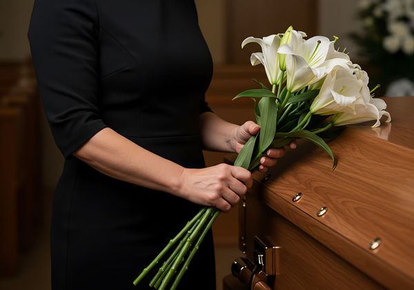Une personne tient un bouquet de lys, près d'un cercueil.