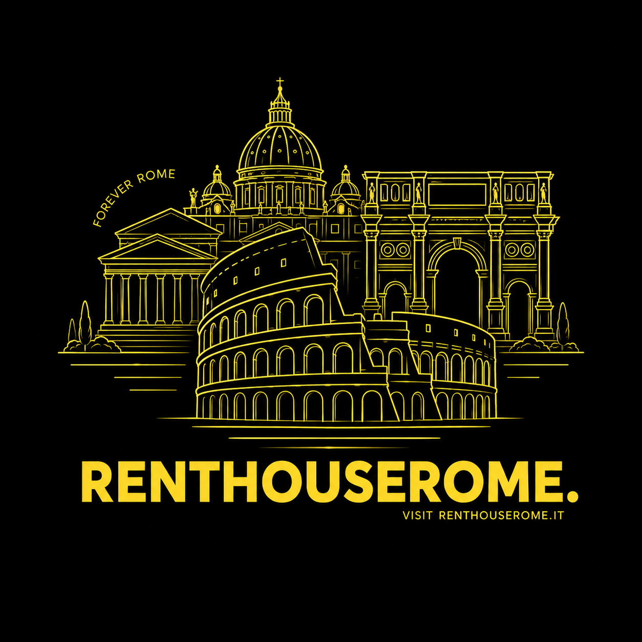 logo skyline roma, colosseo e altri monumenti che rappresentano rent house rome