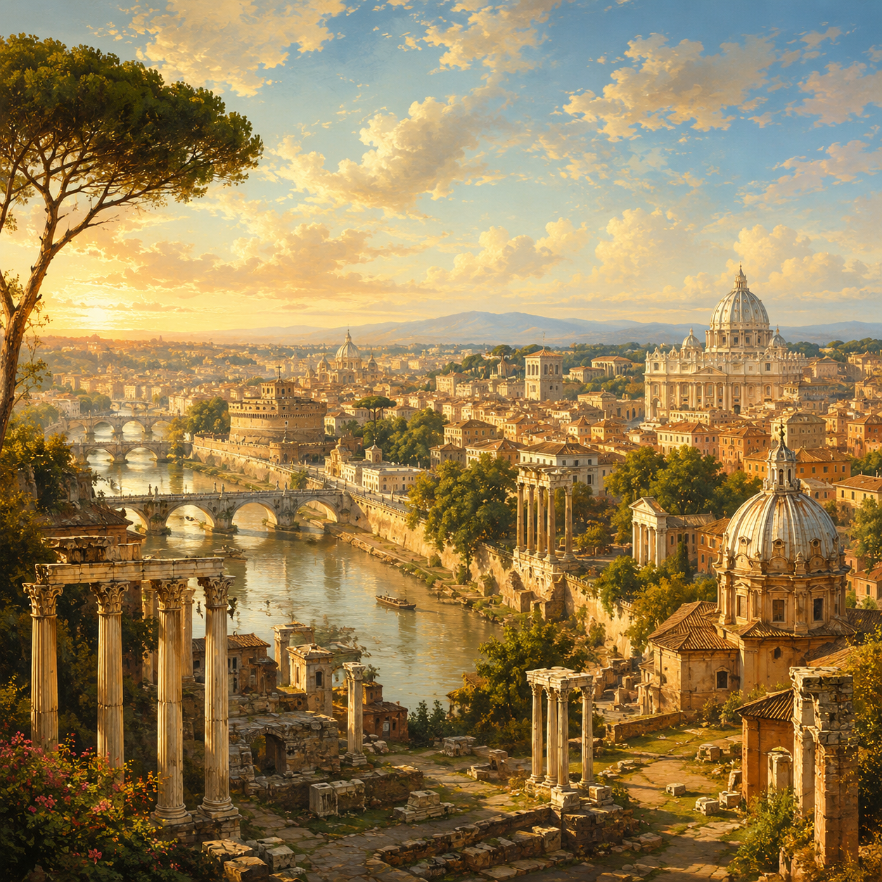 Una città con molti edifici e colonne in primo piano.