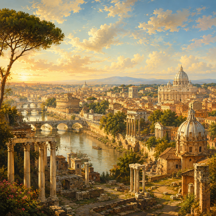 Una città con molti edifici e colonne in primo piano.