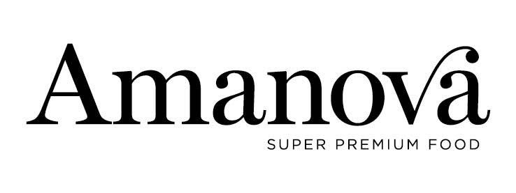 Logo Amanova avec le slogan « Super Premium Food » en noir sur fond blanc