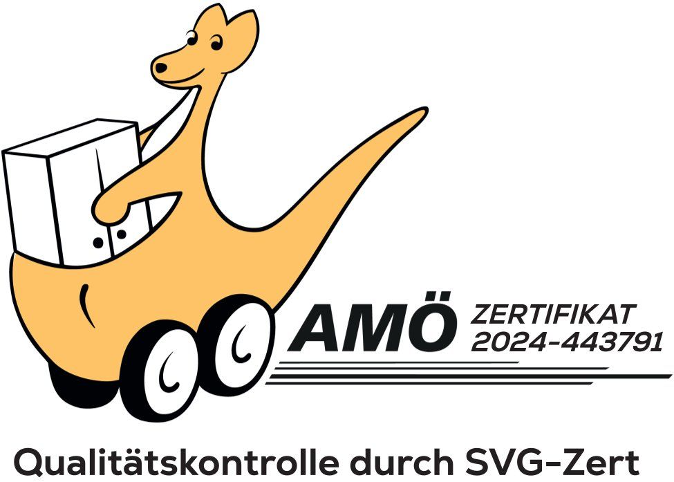 A kangaroo on wheels carrying a box, logo for AMÖ Zertifikat,