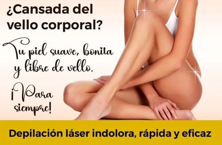 Anuncio de depilación láser: Mujer con piel suave. El texto dice 