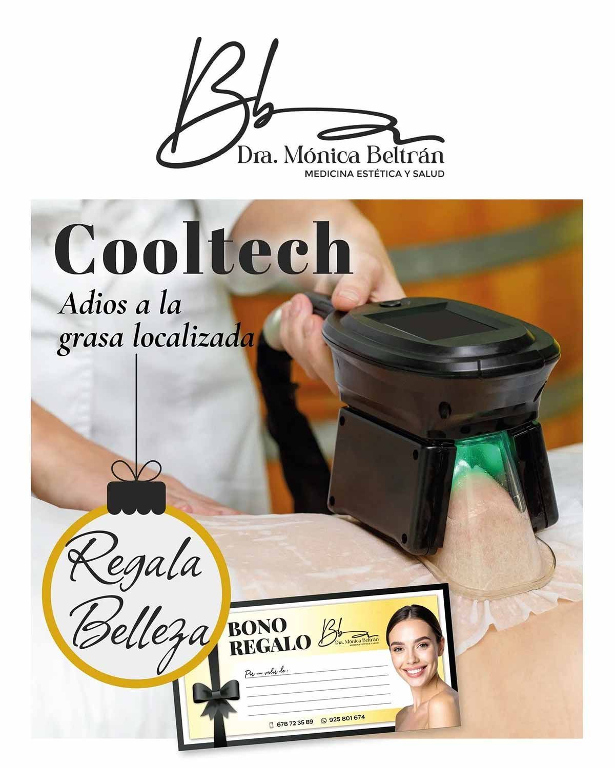 Anuncio del dispositivo de depilación Cooltech con una máquina negra y el texto “Adiós a la grasa localizada”