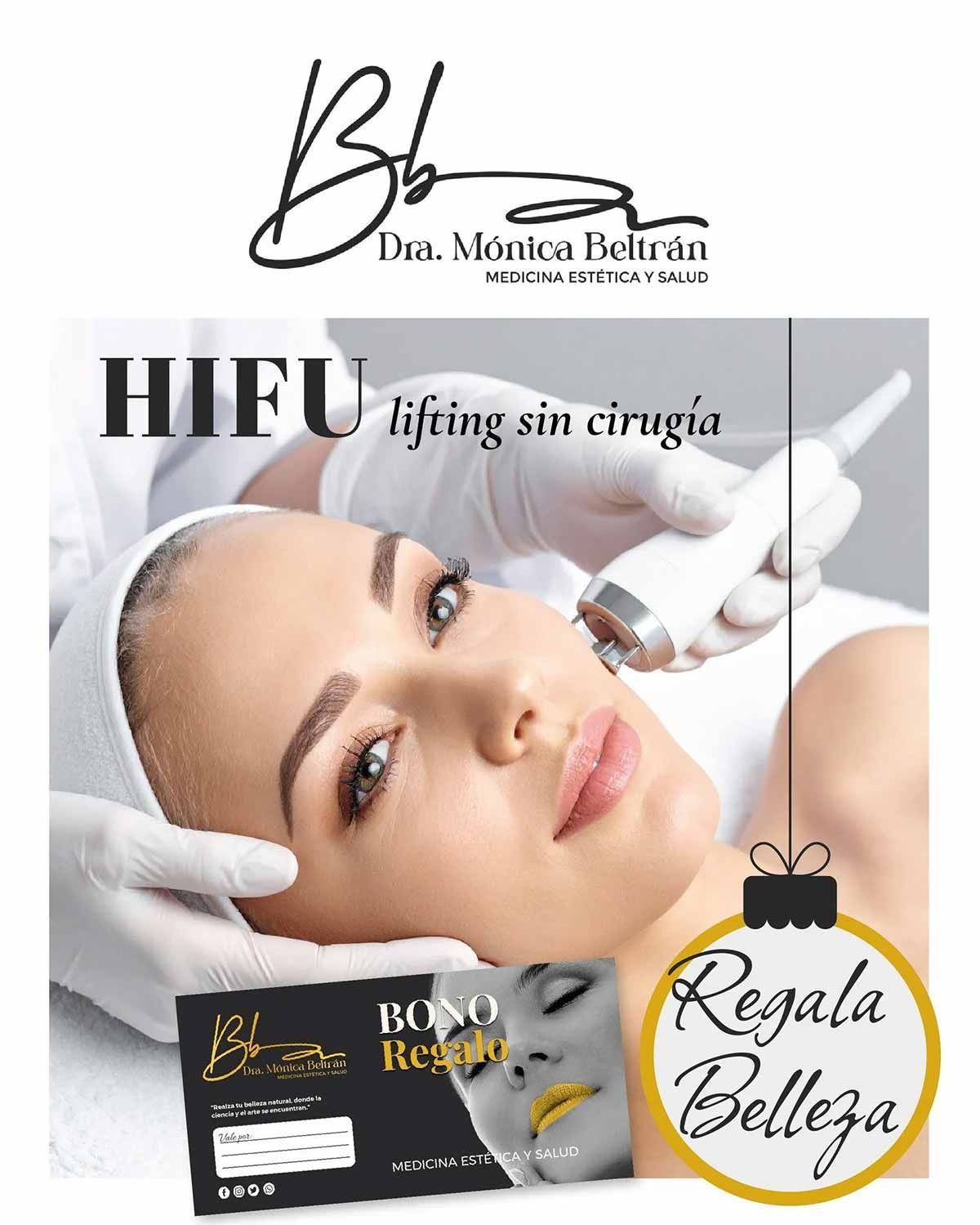 Anuncio de lifting facial HIFU con una mujer recibiendo el tratamiento y promoción del regalo “Regala Belleza”.
