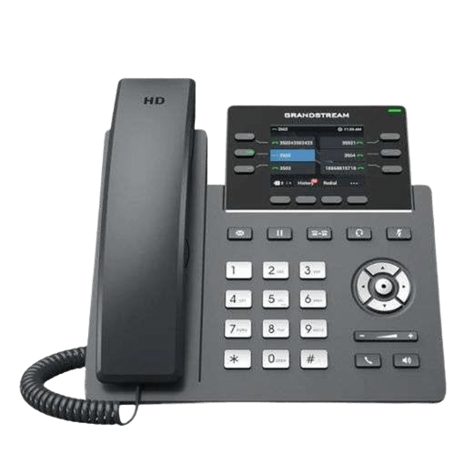 Es un teléfono con pantalla grande y botones.