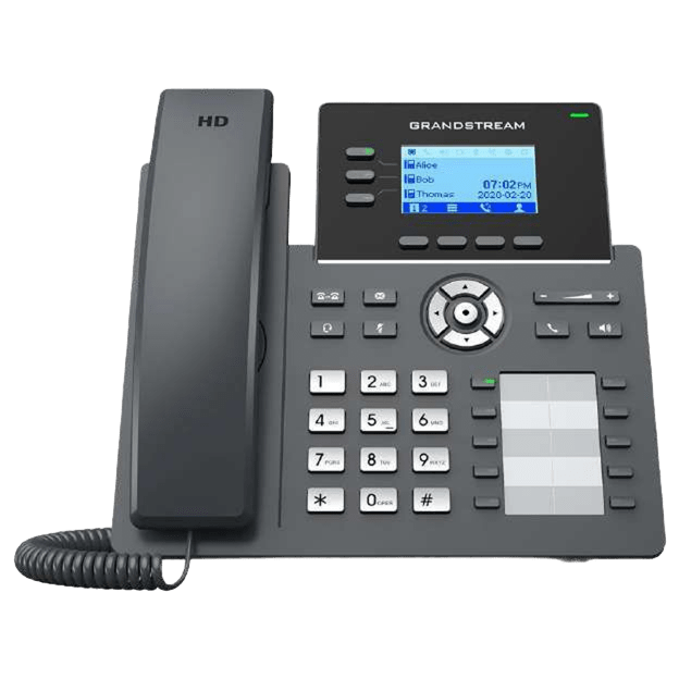 Un teléfono negro con una pantalla que dice Grandstream.