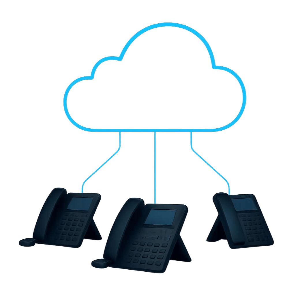 Tres teléfonos están conectados a una nube.