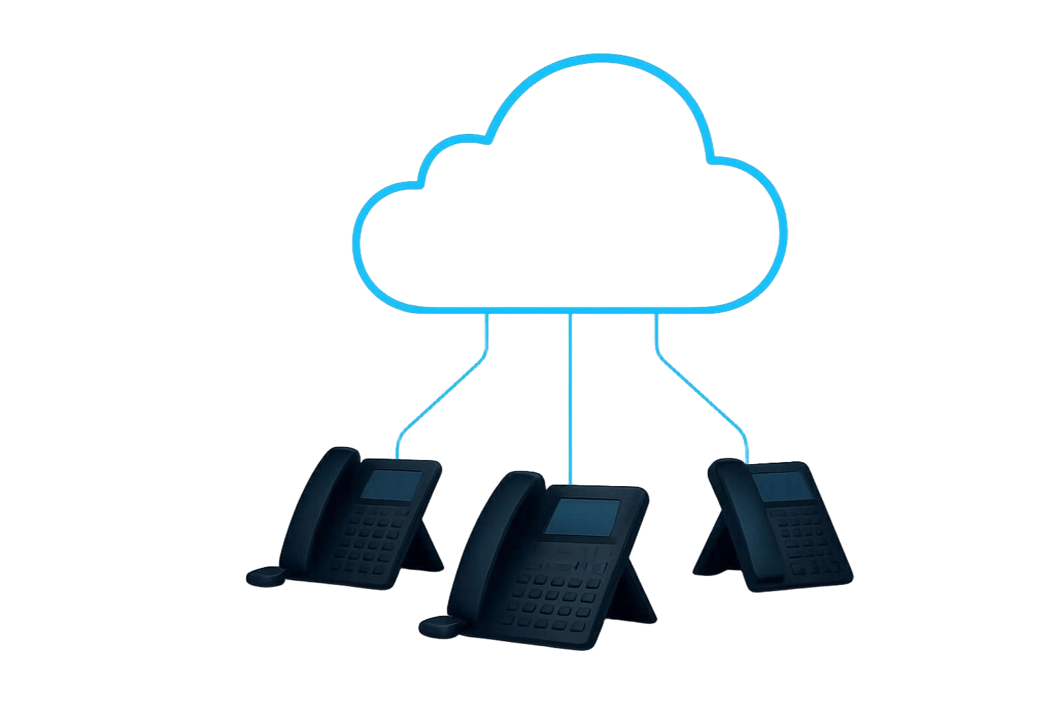 Tres teléfonos están conectados a una nube.