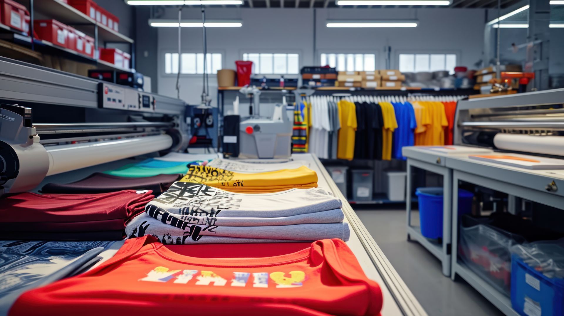 Lot de t-shirts colorés sur étalage 