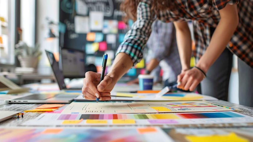 Mains prenant des notes et nuancier de couleurs