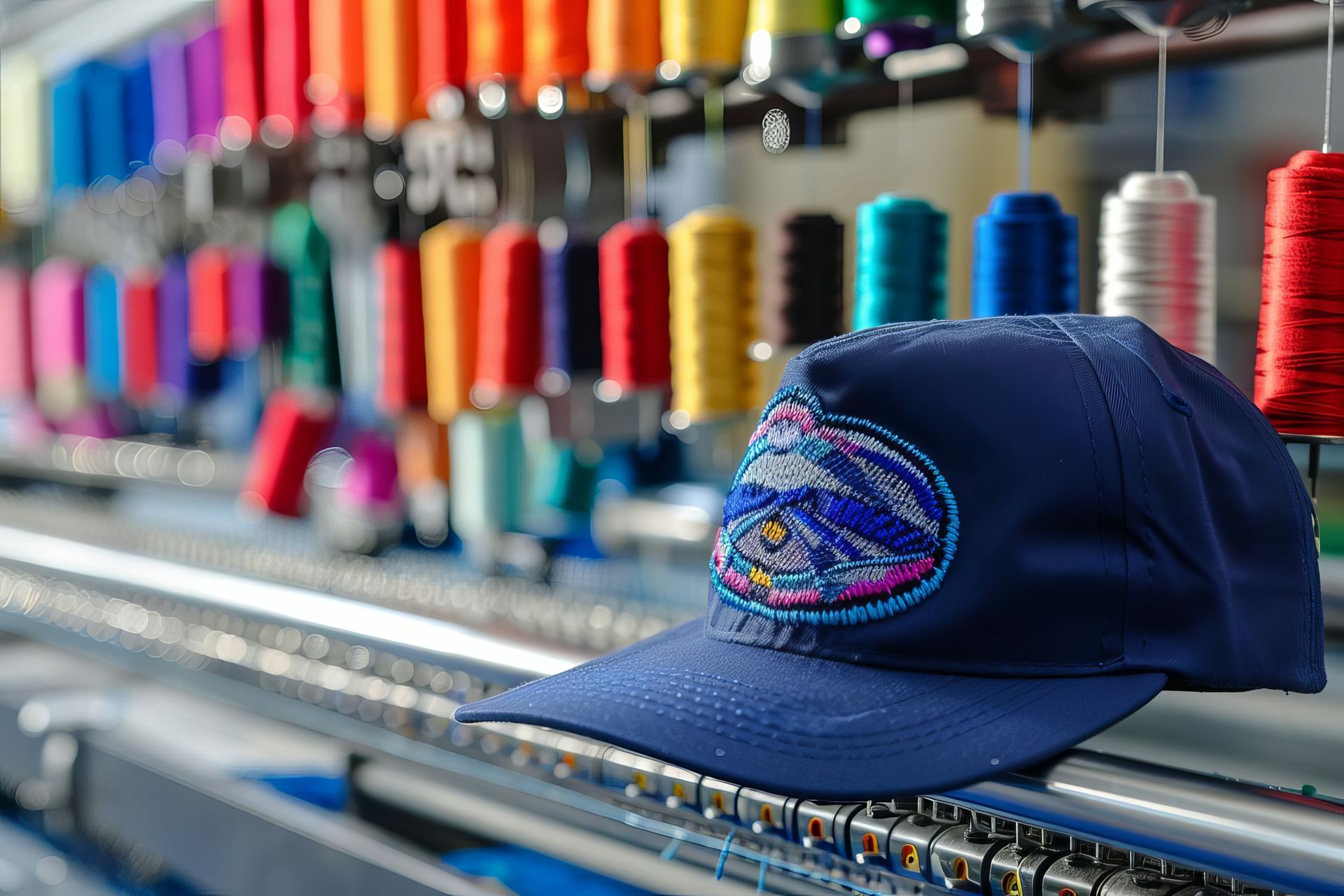 Casquette bleue avec motif brodé et rouleau de fil de plusieurs couleurs 