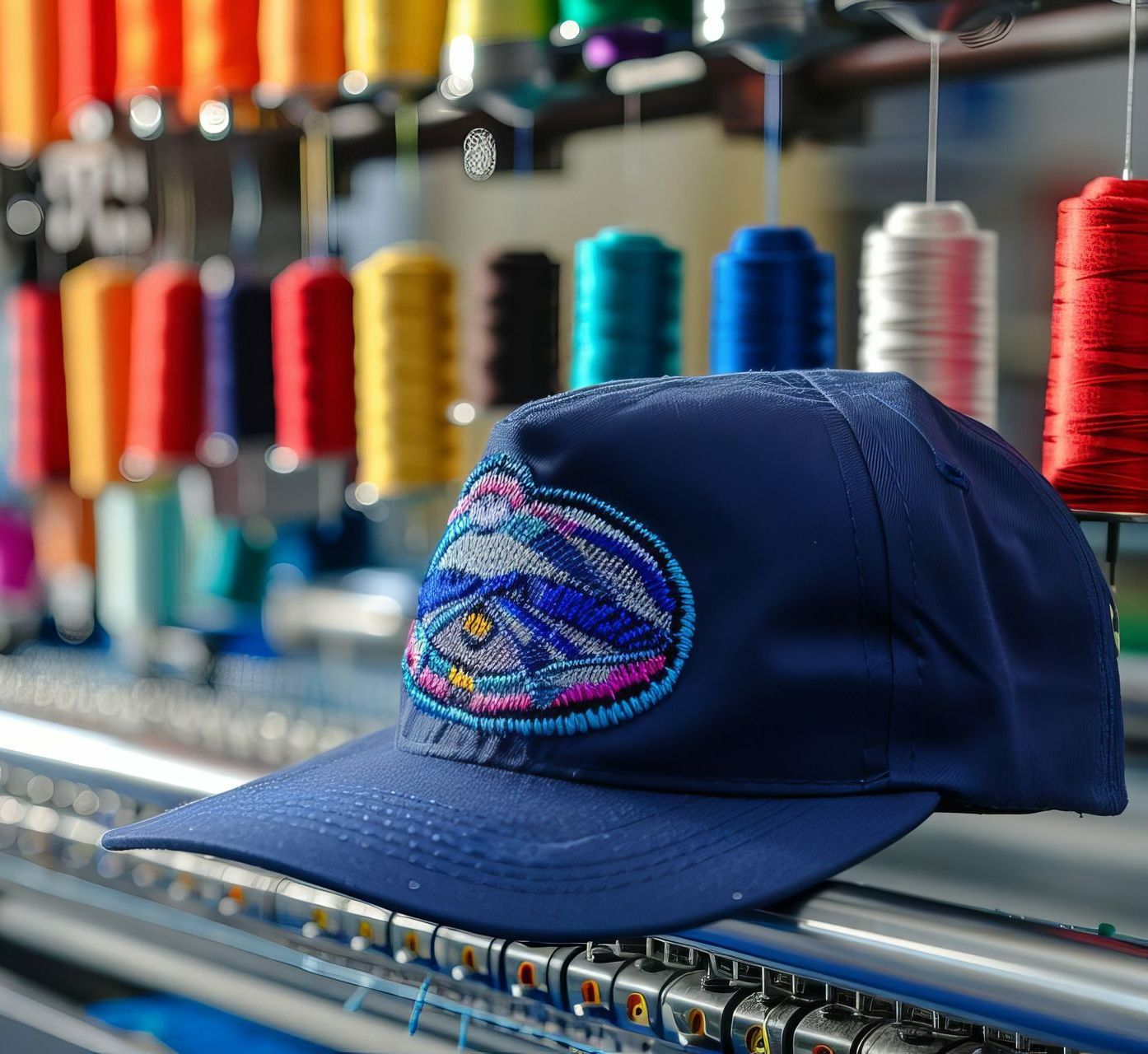 Casquette bleue brodée et bobines de fil en arrière-plan