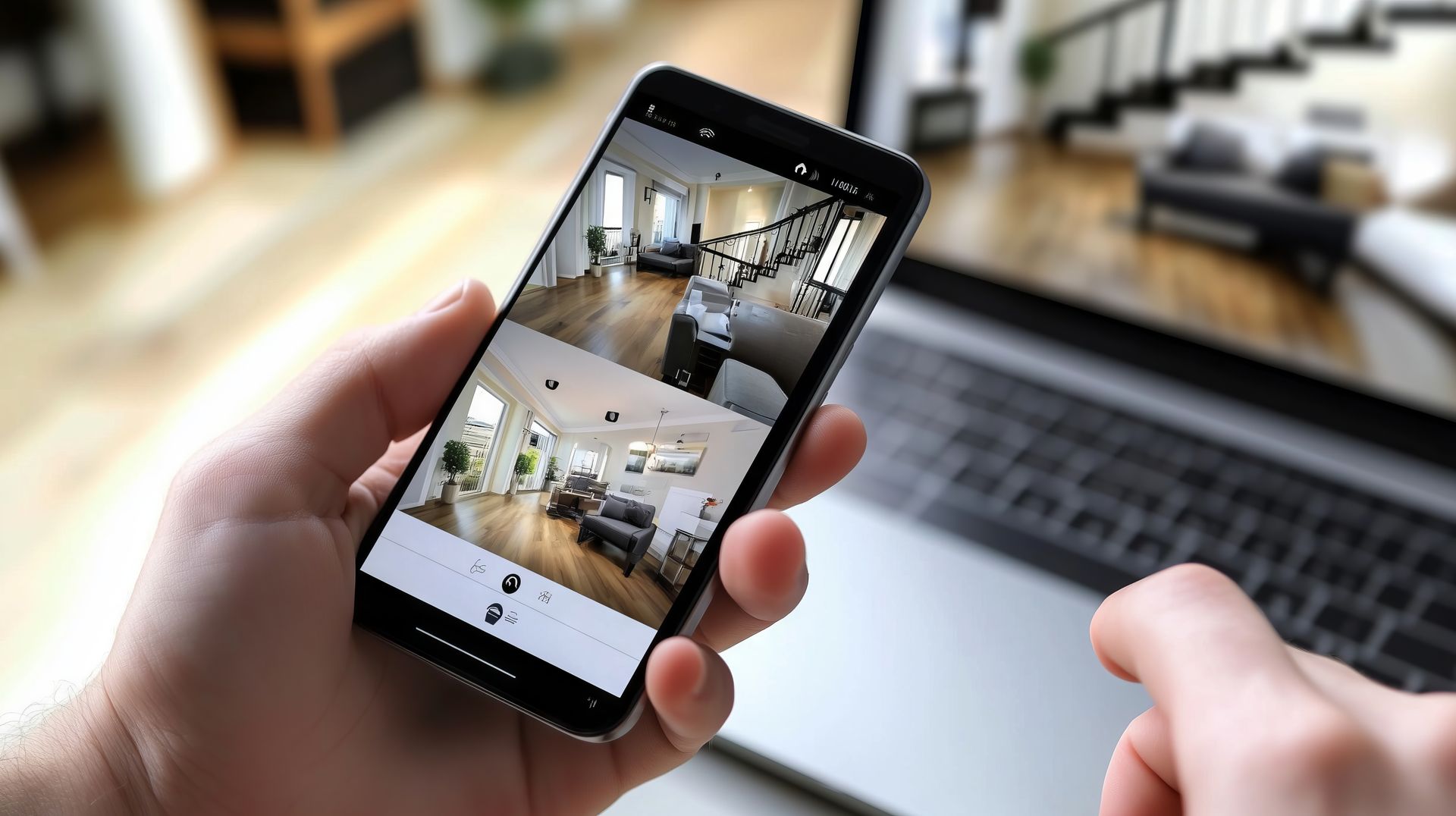 Des mains tenant un smartphone affichant des photos de décoration intérieure dans une pièce moderne et lumineuse