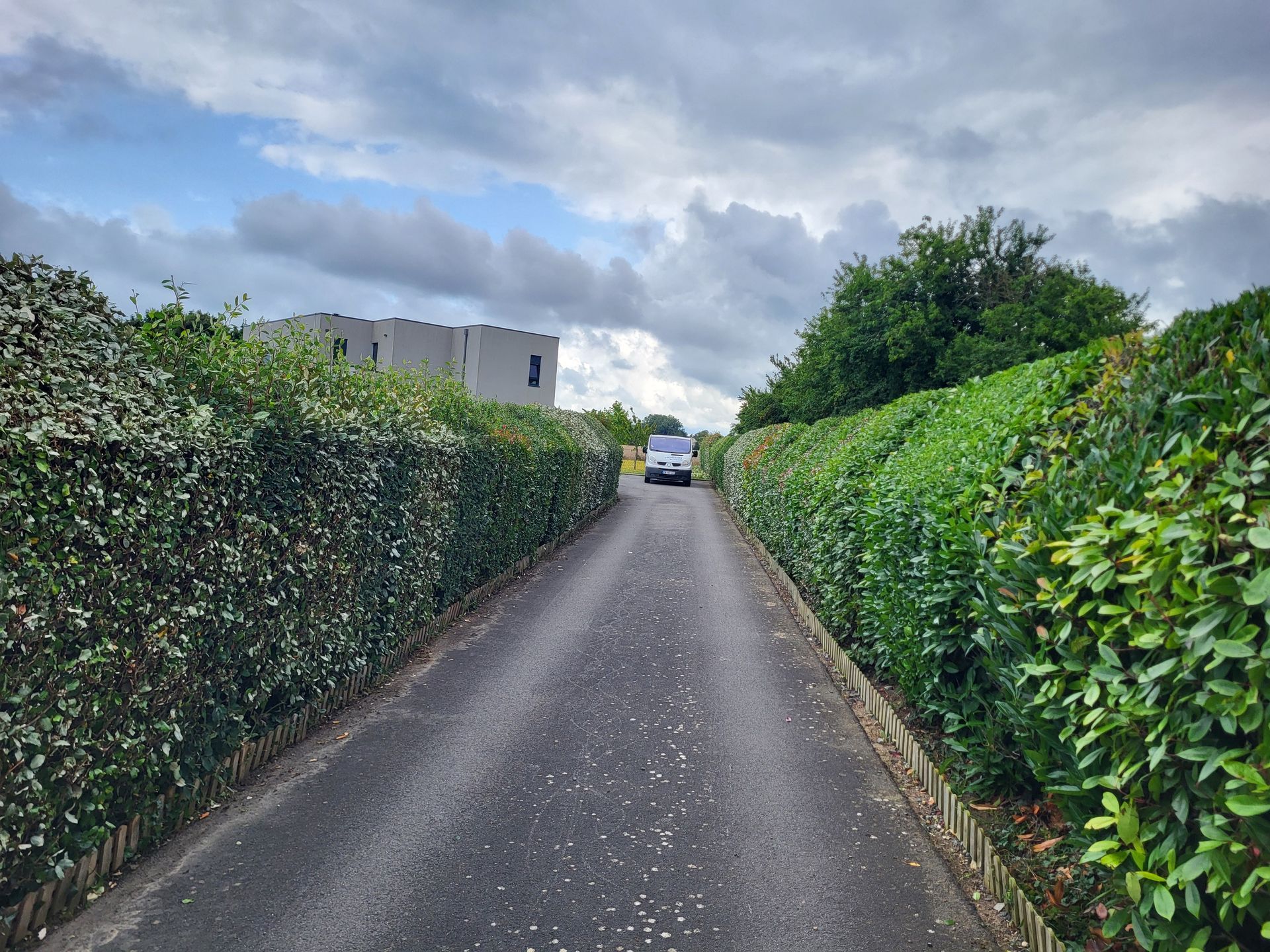 Une ruelle pavée étroite, bordée de hautes haies vertes, sous un ciel nuageux, avec une maison et une voiture au loin.