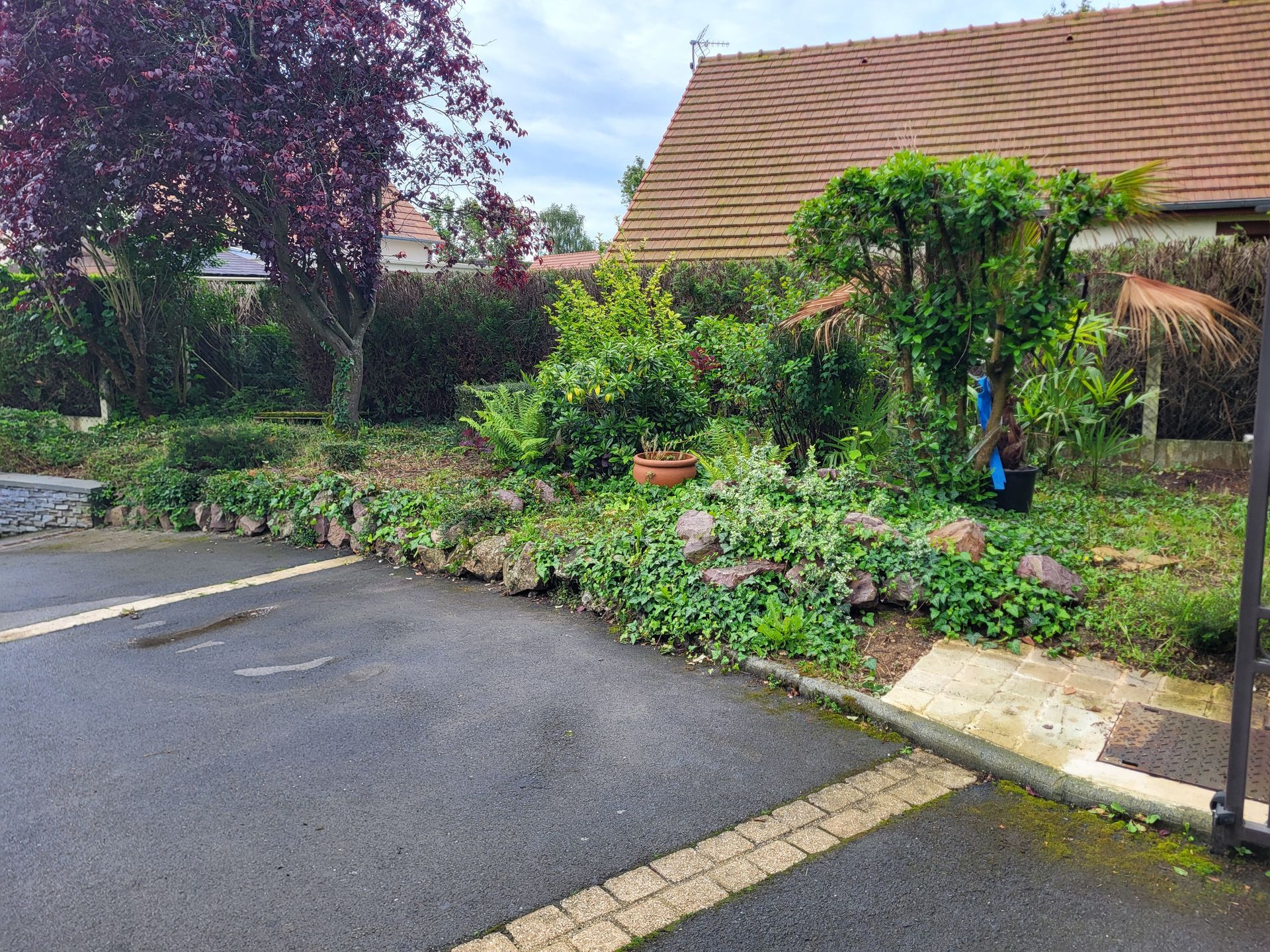 Parking humide jouxtant un jardin luxuriant et une maison au toit de tuiles rouges