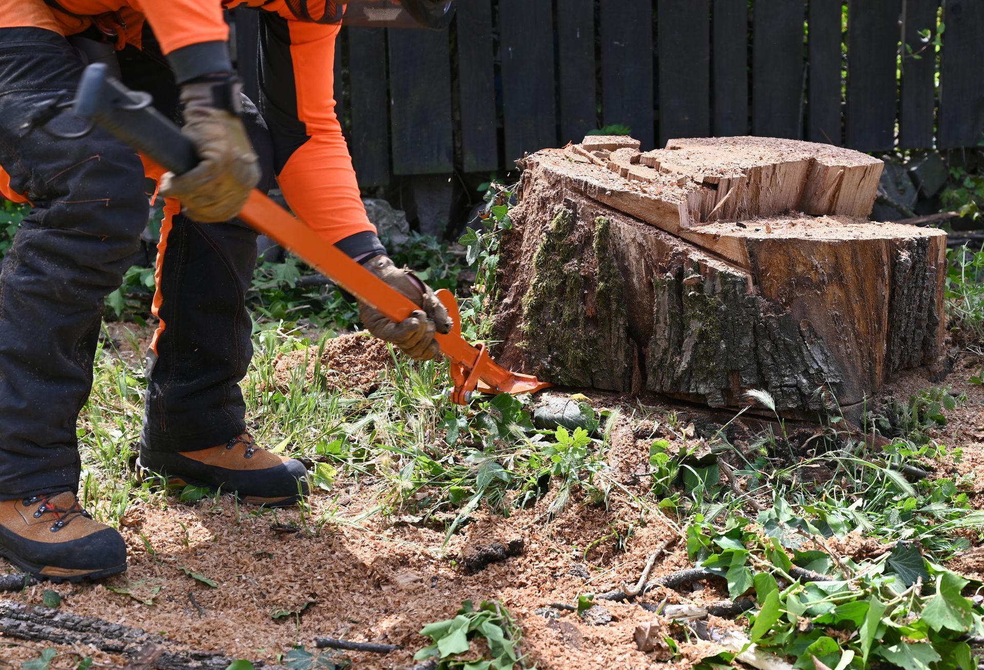 Une personne en vêtements de travail orange coupe une souche d'arbre avec un maillet à fendre à l'extérieur.