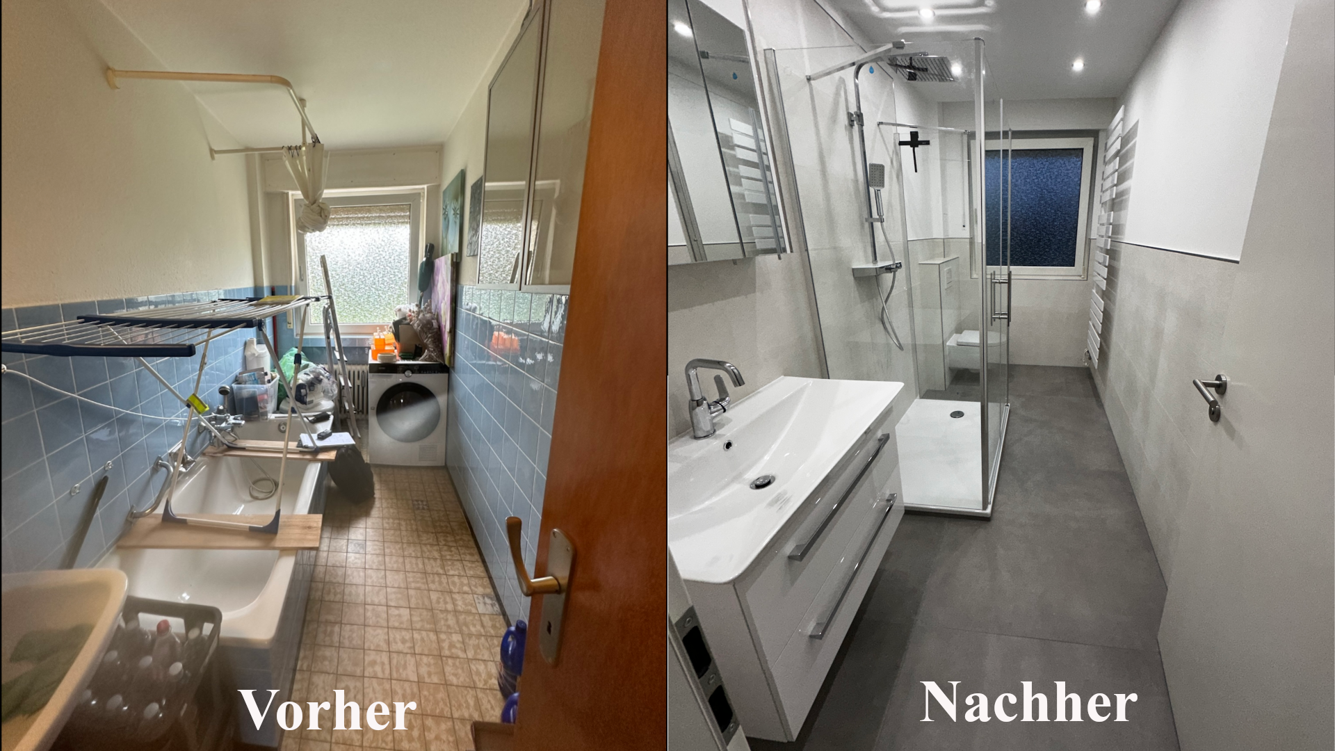 Es gibt ein Vorher-Nachher-Bild eines Badezimmers.
