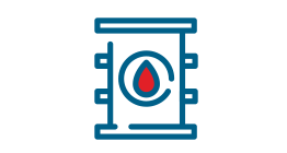 Un icono azul y blanco de un barril con una gota roja en el medio.