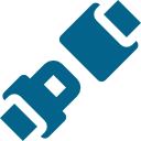 Un logotipo azul y blanco sobre un fondo blanco.